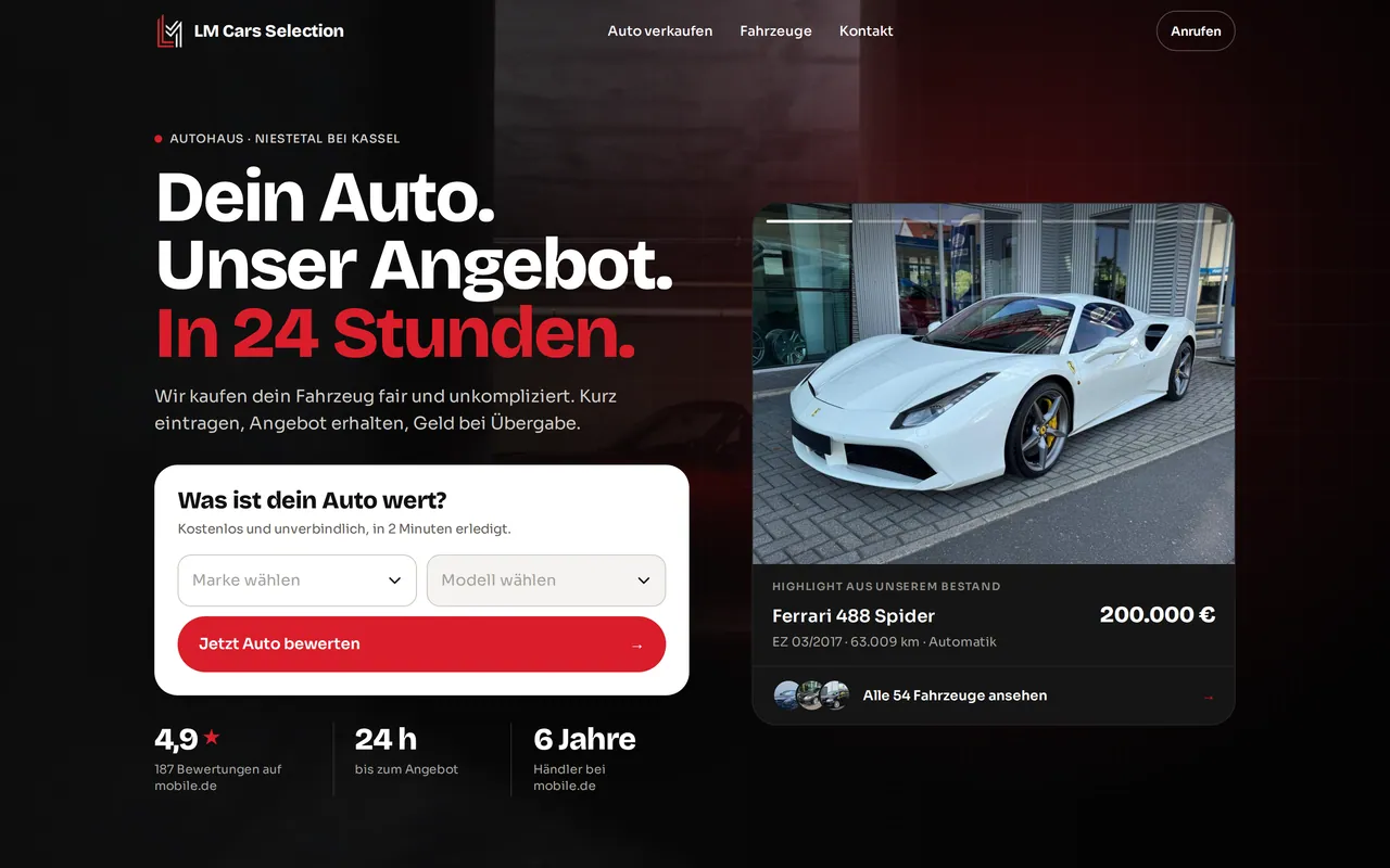 Startseite der Website LM Cars Selection, am Rechner und auf dem Handy